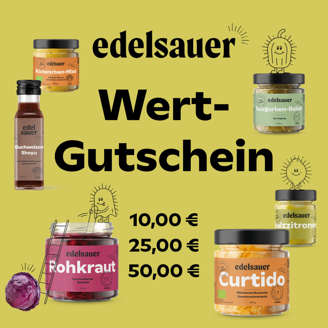verschenke einen Wertgutschein von edelsauer. köstliche fermentierte Lebensmittel.